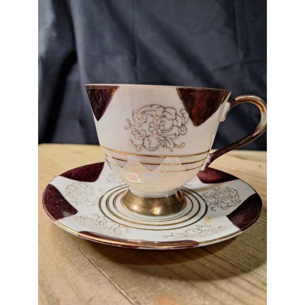 Vintage 1940's Made in Japan Lusterware Teacup and Saucer Maroon Gold Iridescent